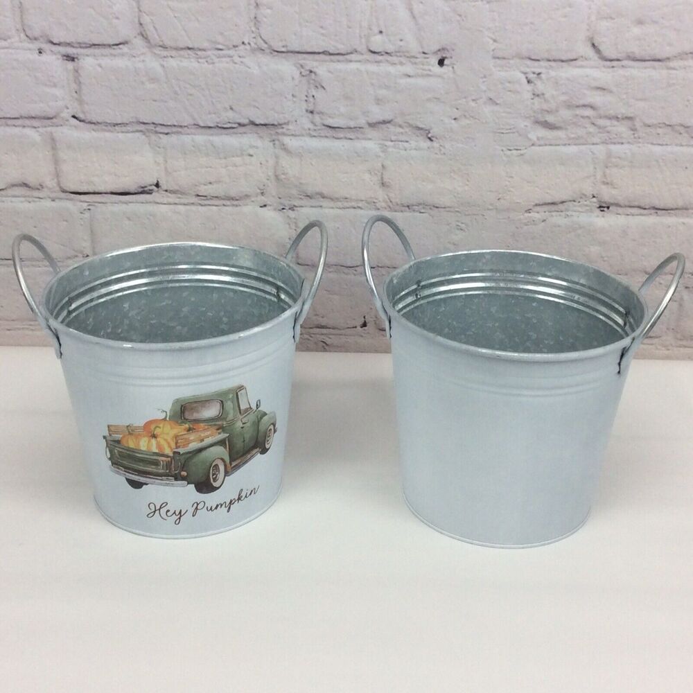 Hey Pumpkin Fall Metal Galvanized Bucket w/Truck Farmhouse Style Decor Set of 2 - Picture 4 of 7
